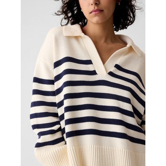Gap 247 Split-hem Polo Sweater White Navy Stripe - XS - Picture 3 of 8